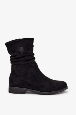 Ocieplane Botki Damskie Z Marszczoną Cholewką Na Płaskim Obcasie Czarne Krisia