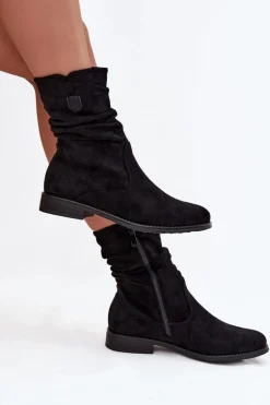 Ocieplane Botki Damskie Z Marszczoną Cholewką Na Płaskim Obcasie Czarne Krisia