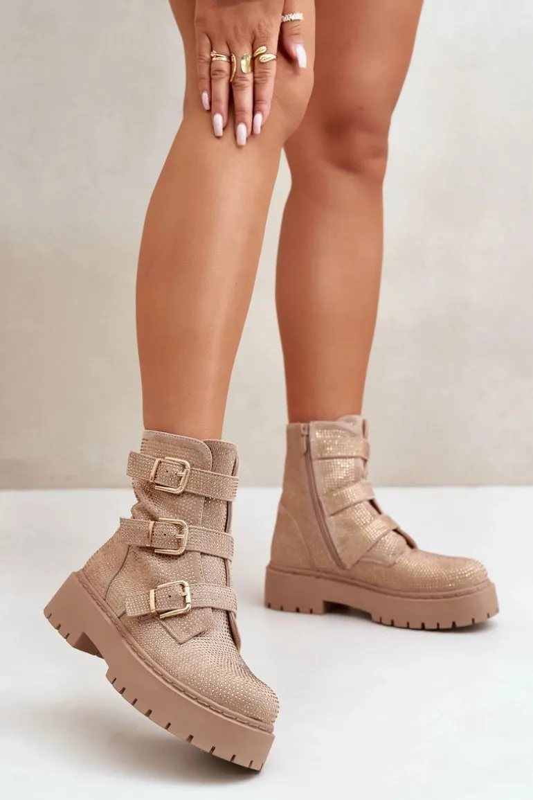 Ocieplane Botki Damskie Ze Zdobieniem Beżowe Ciascia