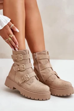 Ocieplane Botki Damskie Ze Zdobieniem Beżowe Ciascia