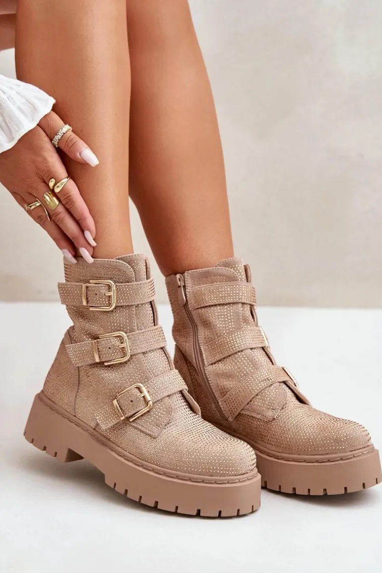 Ocieplane Botki Damskie Ze Zdobieniem Beżowe Ciascia