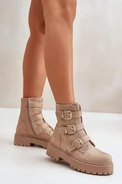 Ocieplane Botki Damskie Ze Zdobieniem Beżowe Ciascia