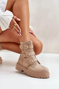 Ocieplane Botki Damskie Ze Zdobieniem Beżowe Ciascia