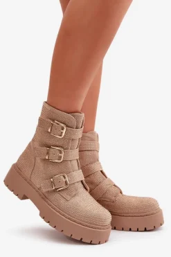 Ocieplane Botki Damskie Ze Zdobieniem Beżowe Ciascia