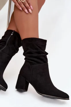 Ocieplane Botki Damskie Z Marszczeniem Na Słupkowym Obcasie Czarne Ivressa