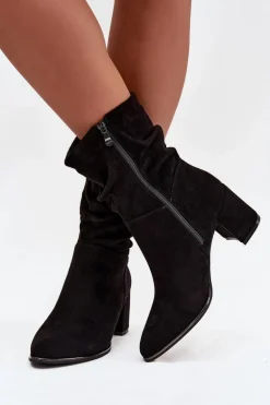 Ocieplane Botki Damskie Z Marszczeniem Na Słupkowym Obcasie Czarne Ivressa