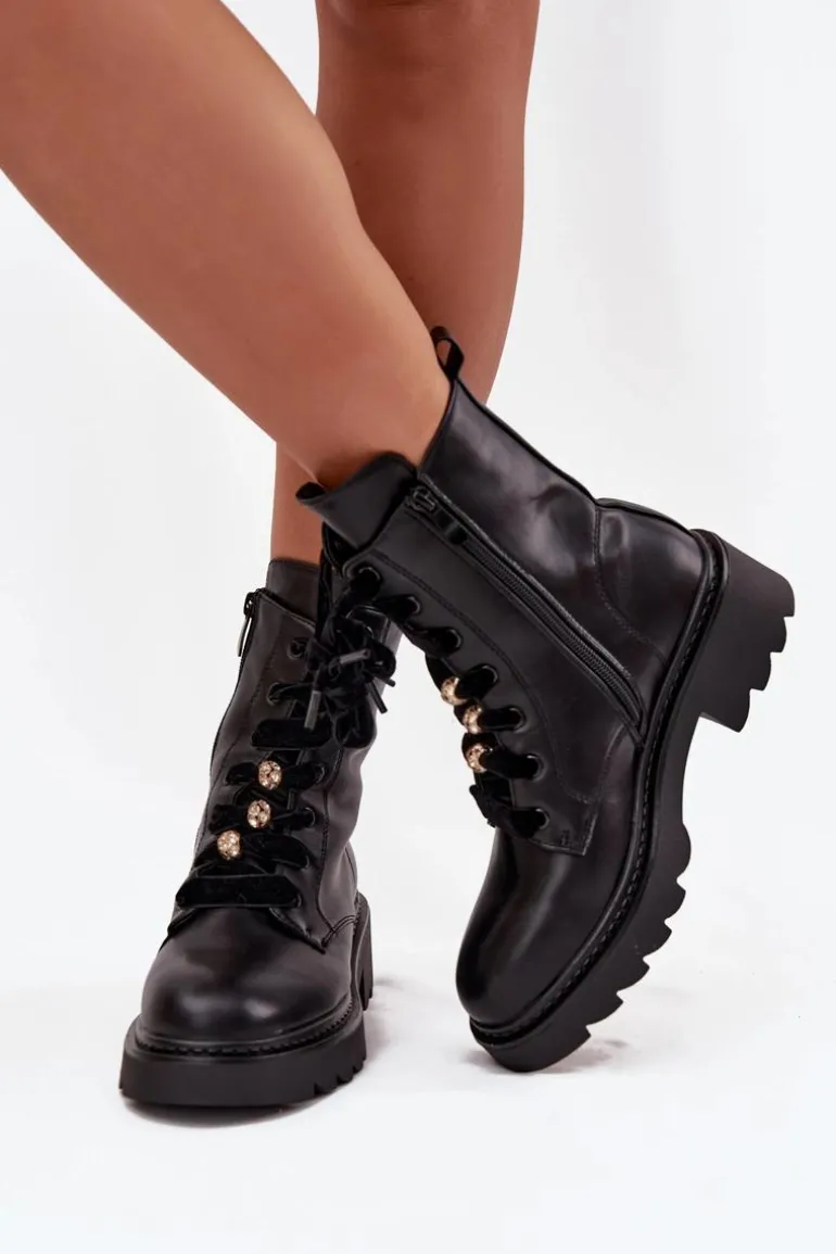 Ocieplane Botki Damskie Z Ozdobnym Sznurowaniem Czarne Elindra