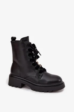 Ocieplane Botki Damskie Z Ozdobnym Sznurowaniem Czarne Elindra