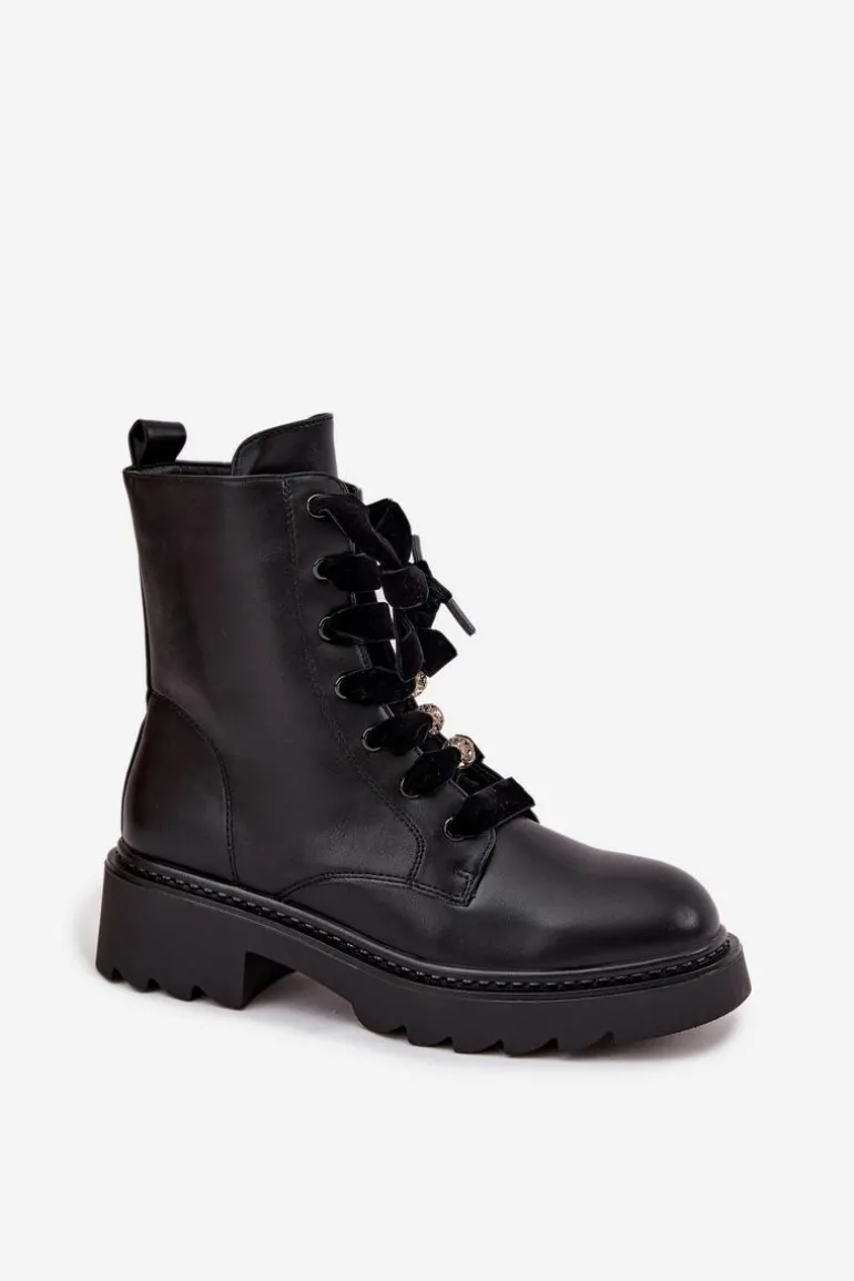 Ocieplane Botki Damskie Z Ozdobnym Sznurowaniem Czarne Elindra