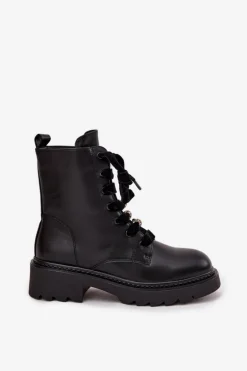 Ocieplane Botki Damskie Z Ozdobnym Sznurowaniem Czarne Elindra