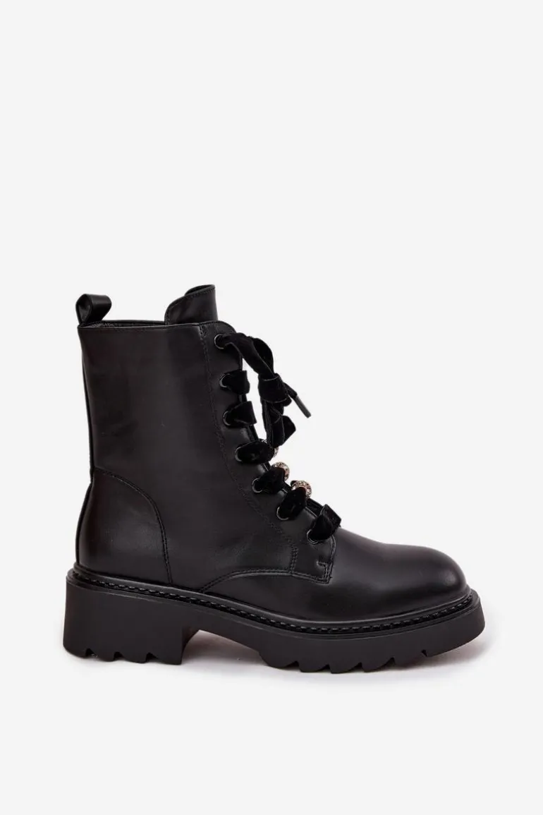 Ocieplane Botki Damskie Z Ozdobnym Sznurowaniem Czarne Elindra