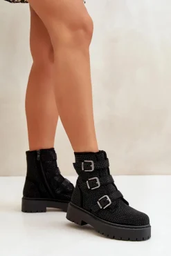 Ocieplane Botki Damskie Ze Zdobieniem Czarne Ciascia
