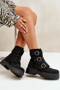 Ocieplane Botki Damskie Ze Zdobieniem Czarne Ciascia