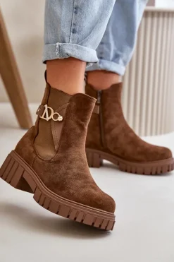 Ocieplane Botki Damskie Ze Złotym Detalem Eko Zamszowe Brązowe Bervena