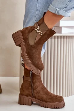 Ocieplane Botki Damskie Ze Złotym Detalem Eko Zamszowe Brązowe Bervena