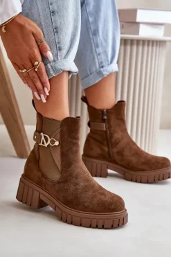 Ocieplane Botki Damskie Ze Złotym Detalem Eko Zamszowe Brązowe Bervena