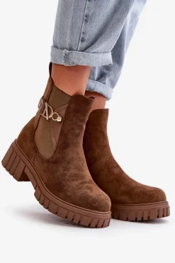 Ocieplane Botki Damskie Ze Złotym Detalem Eko Zamszowe Brązowe Bervena