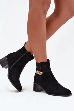 Ocieplane Botki Damskie Ze Złotą Ozdobą Na Klocku Czarne Sarona
