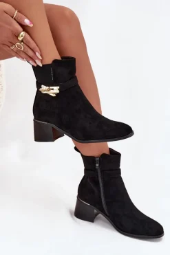 Ocieplane Botki Damskie Ze Złotą Ozdobą Na Klocku Czarne Sarona
