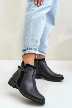 Ocieplane Botki Damskie Z Niską Cholewką Na Zamek Eko Skórzane Czarne Taitha