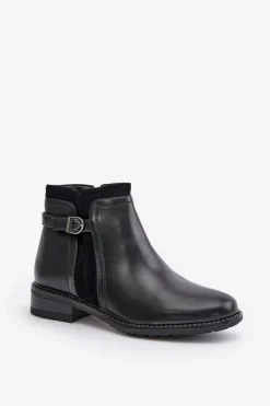 Ocieplane Botki Damskie Z Niską Cholewką Na Zamek Eko Skórzane Czarne Taitha