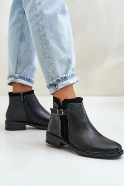 Ocieplane Botki Damskie Z Niską Cholewką Na Zamek Eko Skórzane Czarne Taitha