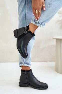 Ocieplane Botki Damskie Z Niską Cholewką Na Zamek Eko Skórzane Czarne Taitha