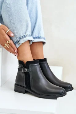 Ocieplane Botki Damskie Z Niską Cholewką Na Zamek Eko Skórzane Czarne Taitha