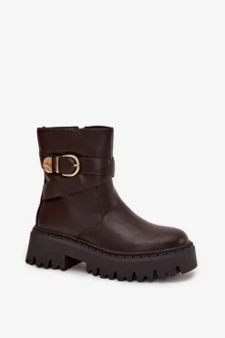 Ocieplane Botki Damskie Ze Złotą Klamrą Czekoladowe Elanore