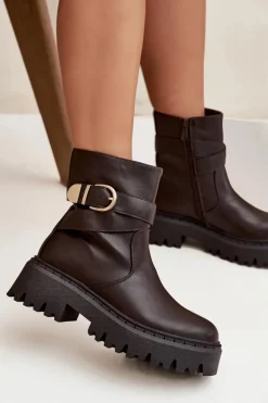 Ocieplane Botki Damskie Ze Złotą Klamrą Czekoladowe Elanore