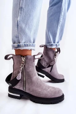Ocieplane Botki Damskie Z Suwakiem Szare Calvaro