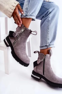 Ocieplane Botki Damskie Z Suwakiem Szare Calvaro