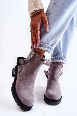 Ocieplane Botki Damskie Z Suwakiem Szare Calvaro