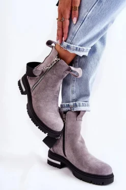 Ocieplane Botki Damskie Z Suwakiem Szare Calvaro