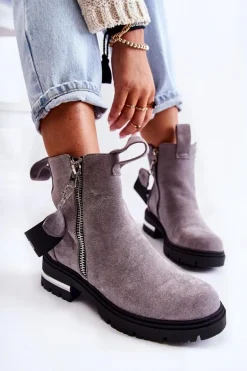 Ocieplane Botki Damskie Z Suwakiem Szare Calvaro