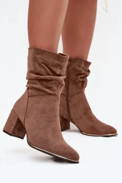 Ocieplane Botki Damskie Z Marszczeniem Na Słupkowym Obcasie Brązowe Ivressa