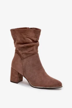 Ocieplane Botki Damskie Z Marszczeniem Na Słupkowym Obcasie Brązowe Ivressa