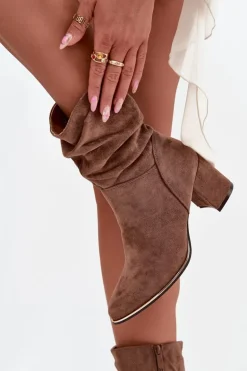 Ocieplane Botki Damskie Z Marszczeniem Na Słupkowym Obcasie Brązowe Ivressa