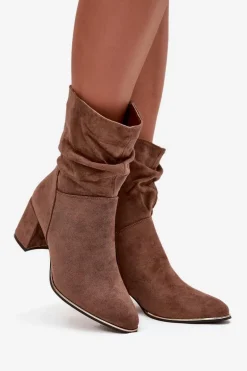 Ocieplane Botki Damskie Z Marszczeniem Na Słupkowym Obcasie Brązowe Ivressa
