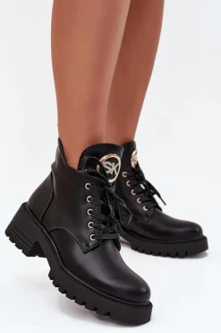 Ocieplane Botki Damskie Ze Złotym Detalem Czarne Kavirae