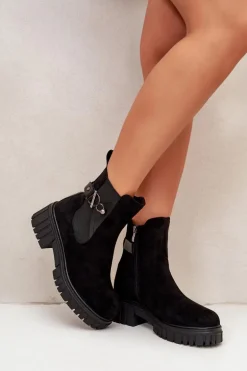 Ocieplane Botki Damskie Ze Złotym Detalem Eko Zamszowe Czarne Bervena