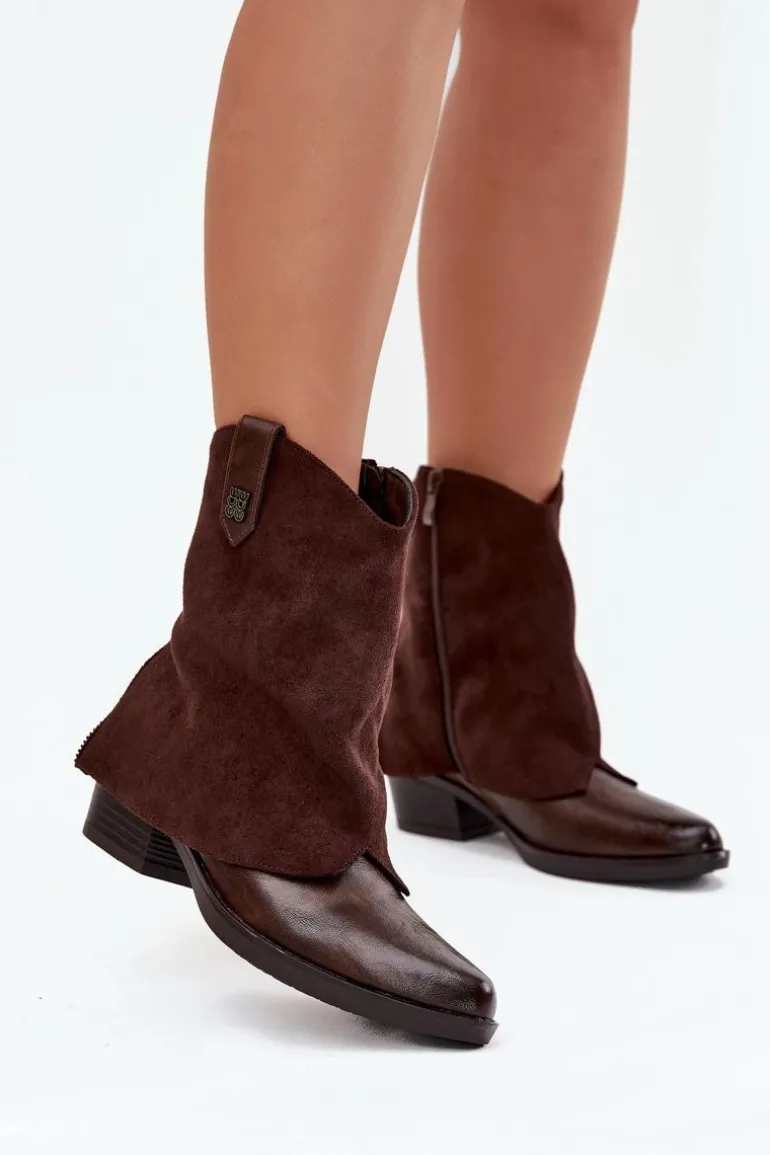 Ocieplane Botki Kowbojki Na Obcasie Czekoladowe Sylvette