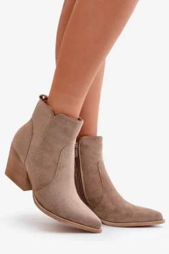 Ocieplane Botki Kowbojki Eko Zamszowe Na Zamek Ciemnobeżowe Virtris