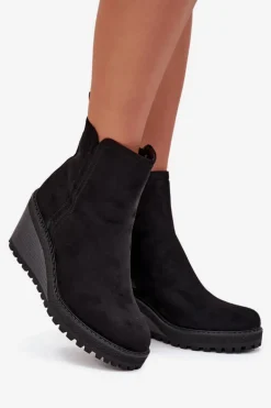 Ocieplane Botki Na Koturnie Z Eko Zamszu Czarne Mavona