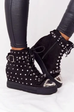 Ocieplane Botki Na Koturnie Z Dżetami Zamszowe Czarne Lu Boo