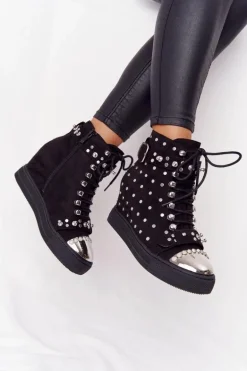 Ocieplane Botki Na Koturnie Z Dżetami Zamszowe Czarne Lu Boo