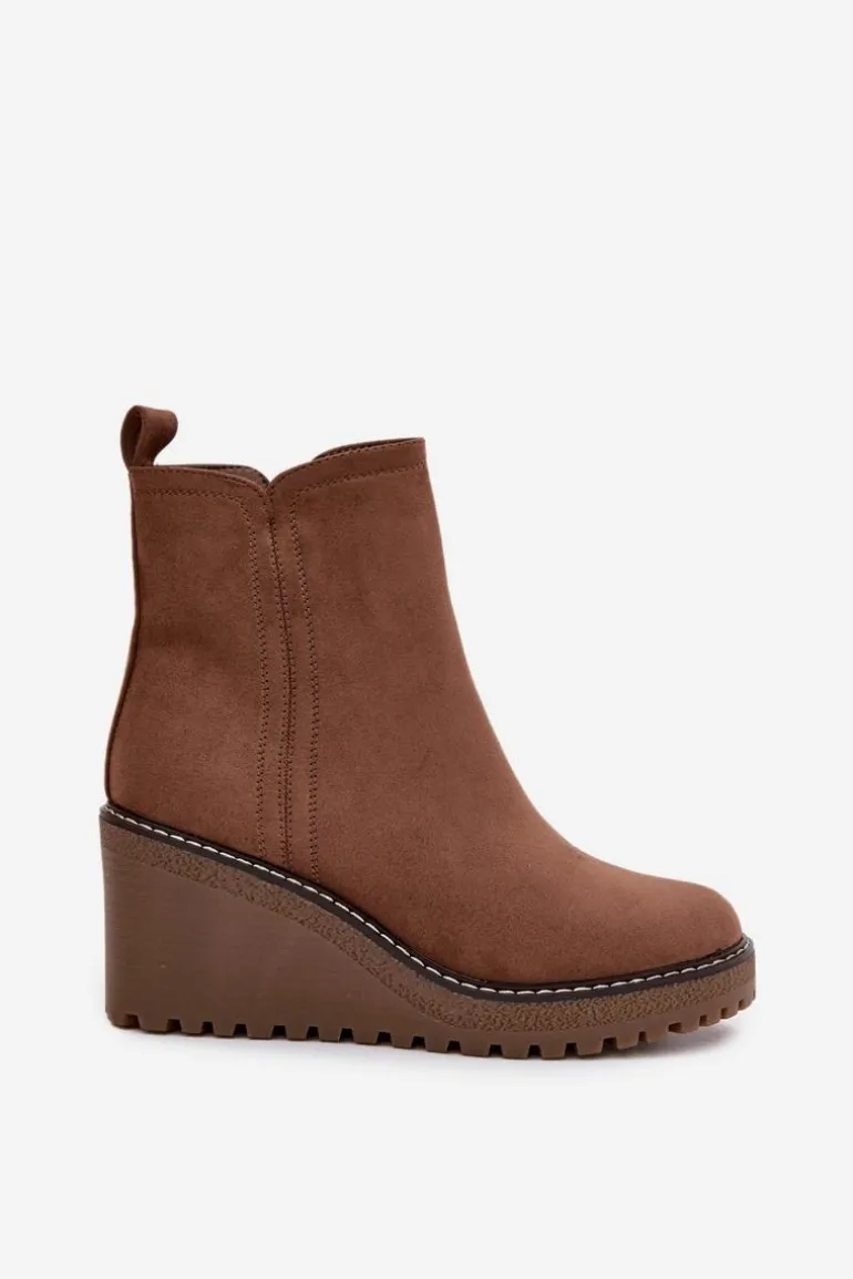 Ocieplane Botki Na Koturnie Z Eko Zamszu Brązowe Mavona