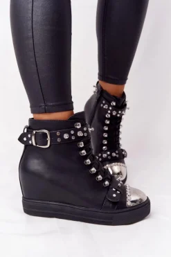Ocieplane Botki Na Koturnie Z Dżetami Czarne Lu Boo