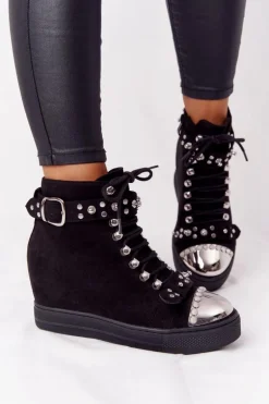 Ocieplane Botki Na Koturnie Zamszowe Czarne Lu Boo