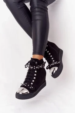 Ocieplane Botki Na Koturnie Zamszowe Czarne Lu Boo